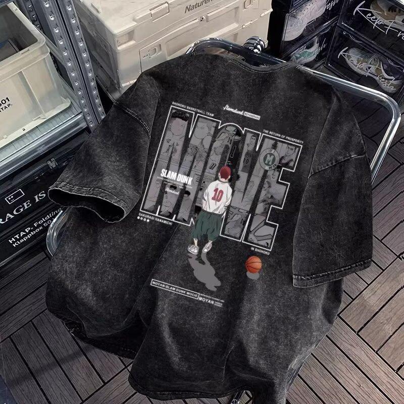 

Street Style European and American Retro Print Short Sleeve T-Shirt Couple Outfit Loose Summer Niche Top for Men M сірий колір