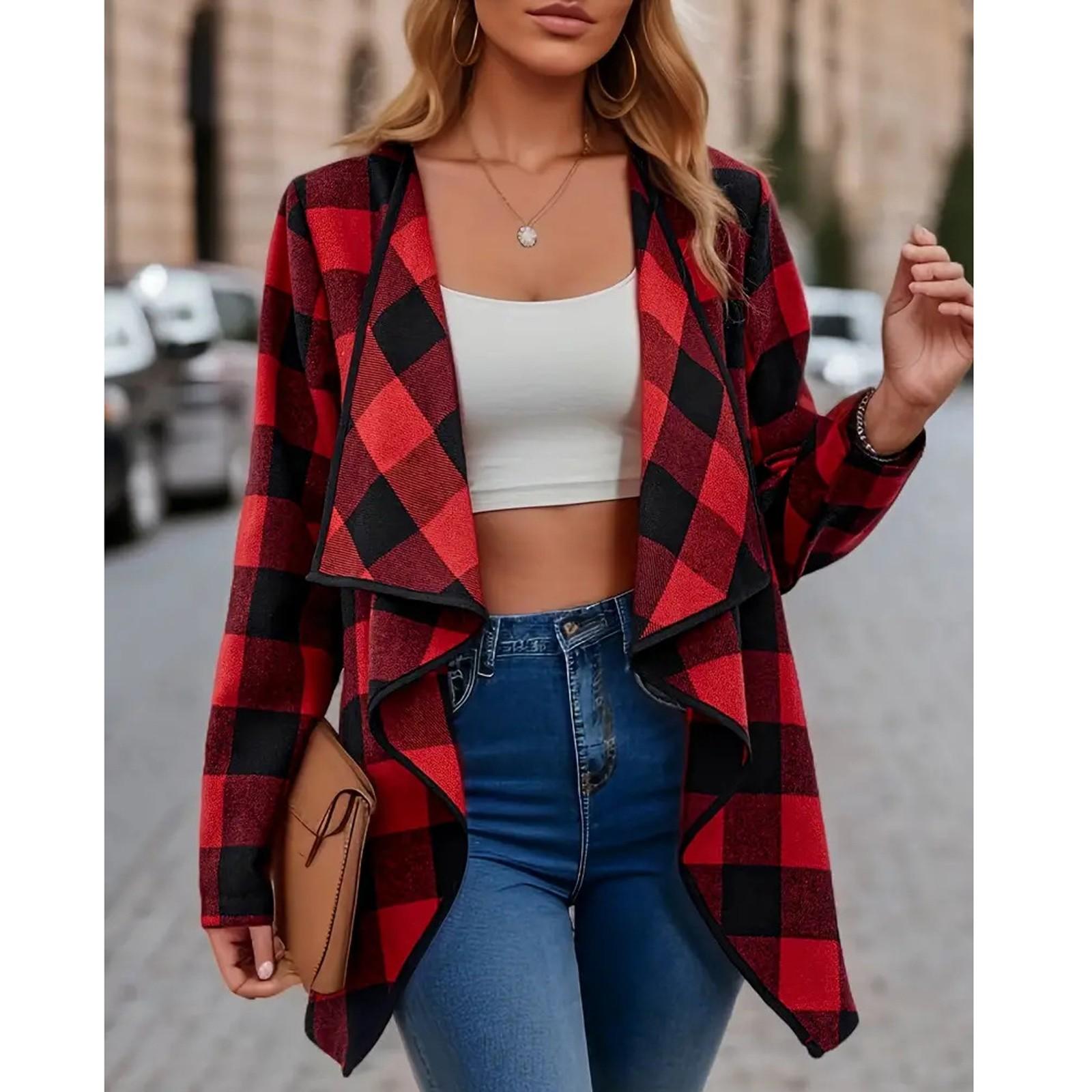 

Женская свободная повседневная клетчатая куртка с длинными рукавами Модная куртка Куртка с длинными рукавами XL красный