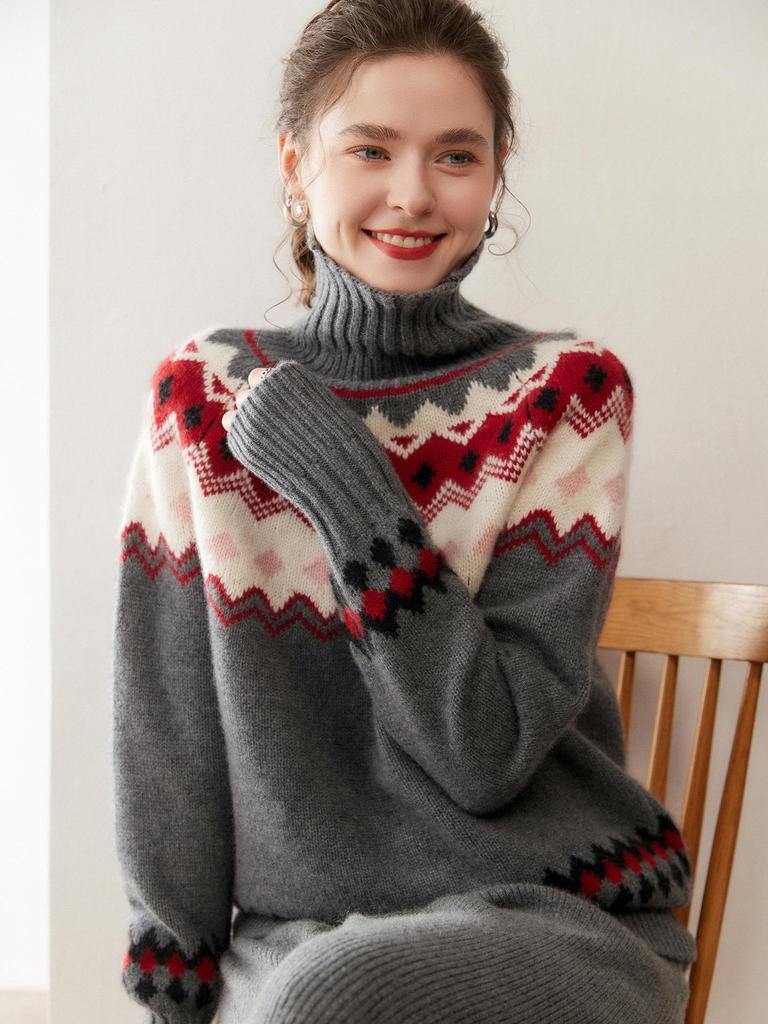Women's High Neck Fair Isle Cashmere Sweater - Color Block Loose Knitwear for Autumn/Winter