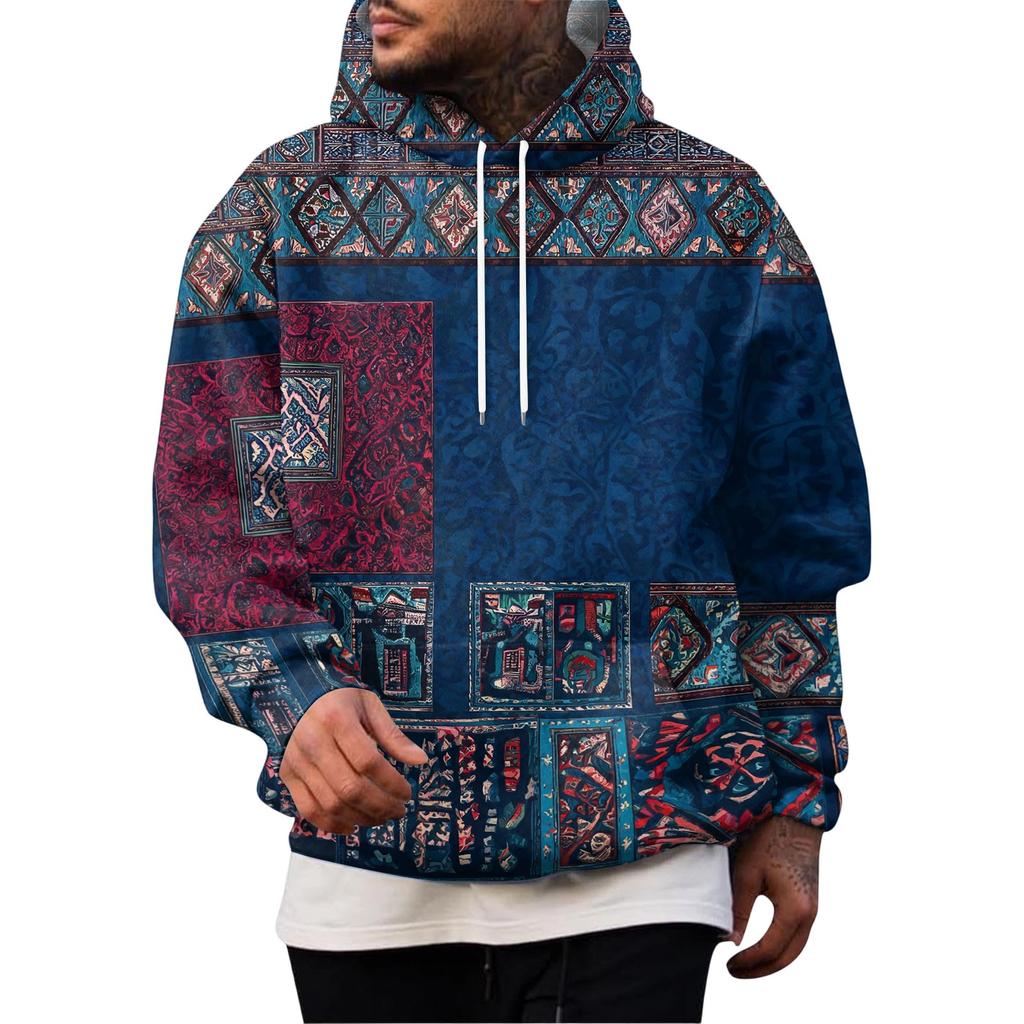 Men's Vintage Hoodie with Print and Patchwork Design, Single Pocket Casual Top