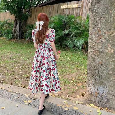 French Retro Short-sleeved Large-size Long Skirt Goddess Summer New Style Salty Sweet Tea Break Rose Floral Dress
