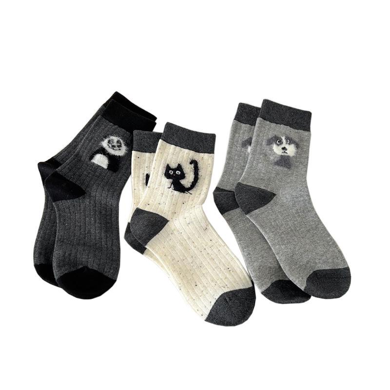 Szare Panda 3D Filcowe Kreskówkowe Skarpety do Połowy Łydki dla Kobiet - Japoński Styl Jesień/Zima Ciepło