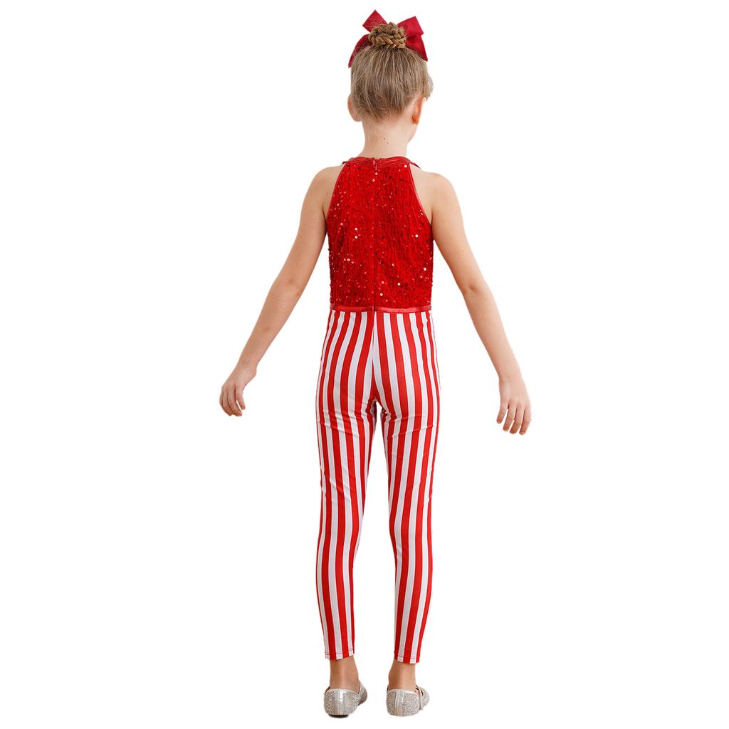 Girls Christmas Costume Sleeveless Striped Sequins Bodysuit Dance Gymnastics Jumpsuit Candy Cane