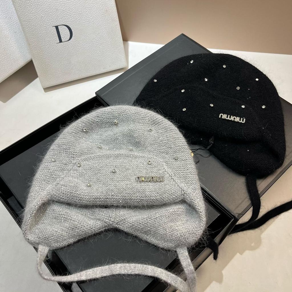 Light Luxury Rhinestone Min Rabbit Hair Knitted Hat Winter Outdoor Double-Layer Thermal Ear Protection Hat Celebrity Style Bag Head Hat