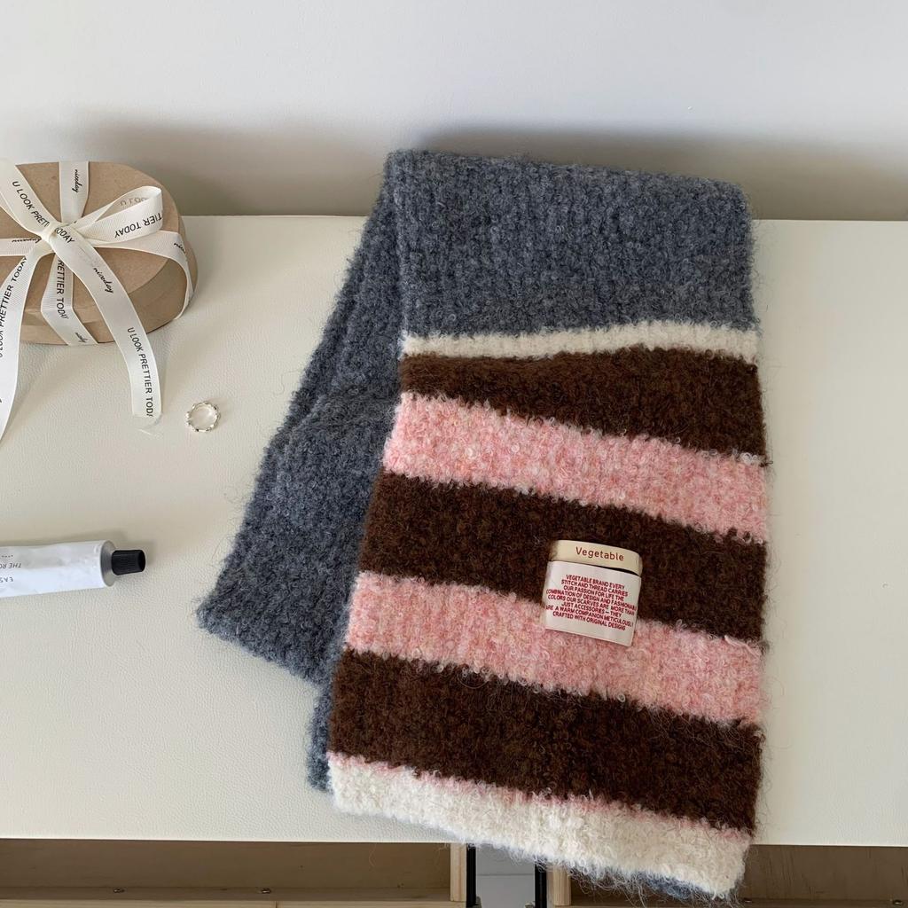 Korean Version Ins Versatile Soft Wool Striped Scarf Women's Winter New Warm Soft Waxy Knitted Scarf Tide