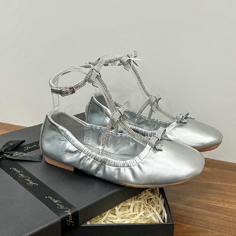 Fashion Spring 2025 New French Retro Heavy Industry Water Diamond Bow Shallow Toe Flat Ballet Single Shoe for Women Mary Jane