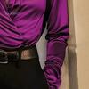 Everyday Luxury Blouse Women Shirt V-Neck Long Sleeve Pleated Design Pullover Tops Solid Smooth Fabric Color Relaxed Fit Three-Dimensional Pleats