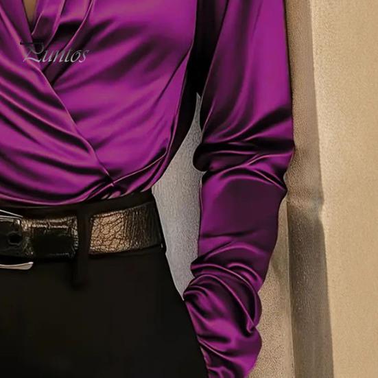 Everyday Luxury Blouse Women Shirt V-Neck Long Sleeve Pleated Design Pullover Tops Solid Smooth Fabric Color Relaxed Fit Three-Dimensional Pleats