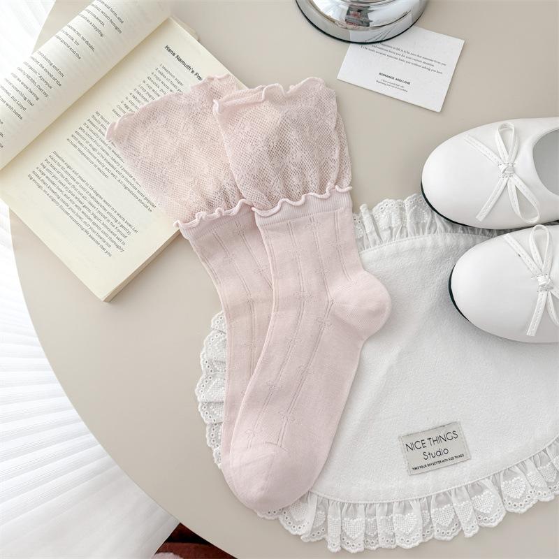 1 Pair Ballet Style Double Layer Black Fungus Edge Socks Summer Thin Mesh Breathable Japanese Style Series Girls Pile Socks