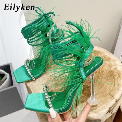 New Design Womens Sandals Fashion Fuzzy Feather Summer Transparent High Heels Sexy Nightclub Stripper Shoes Purple Green