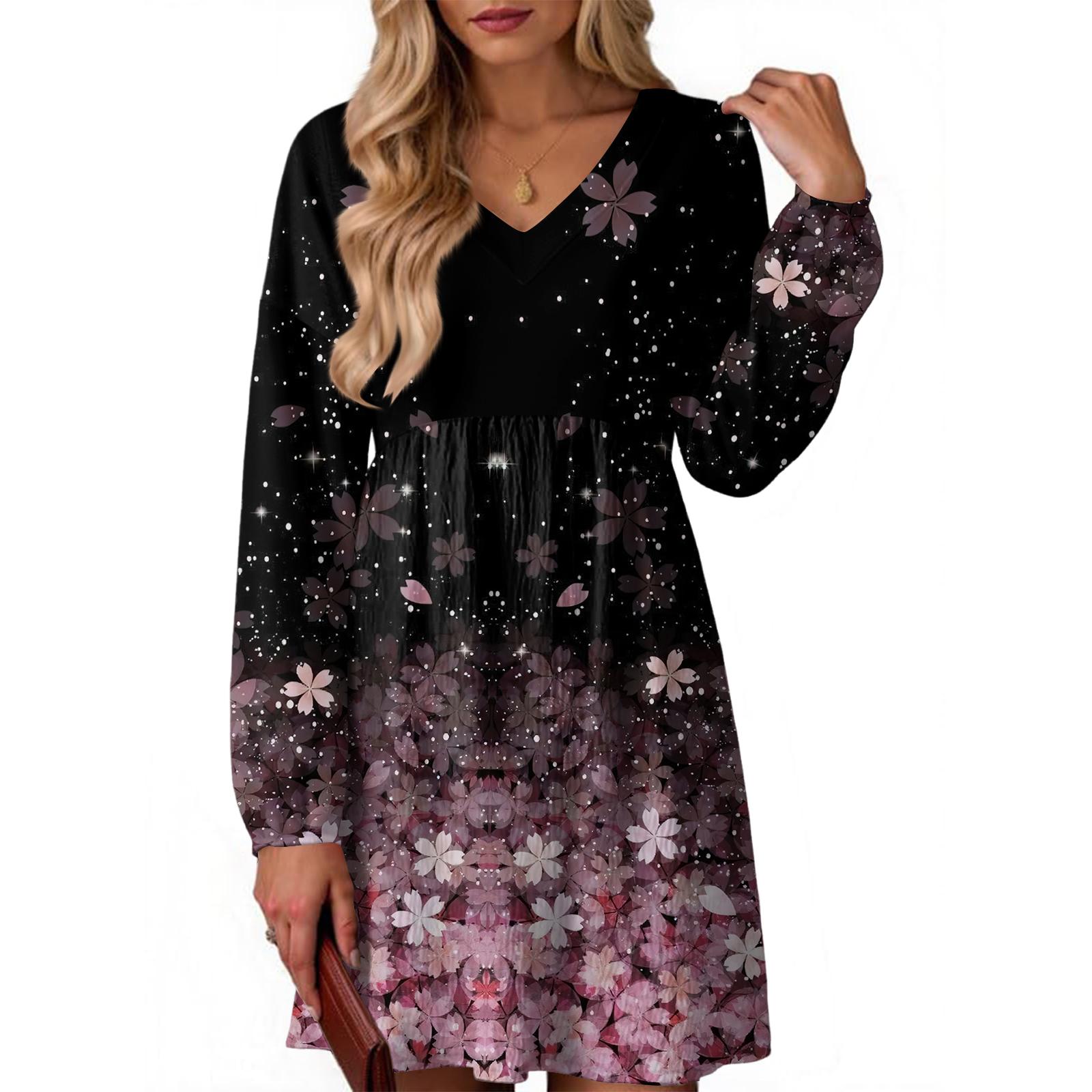 

Женское модное платье с цветочным принтом, V-образным вырезом и длинными рукавами L розовый