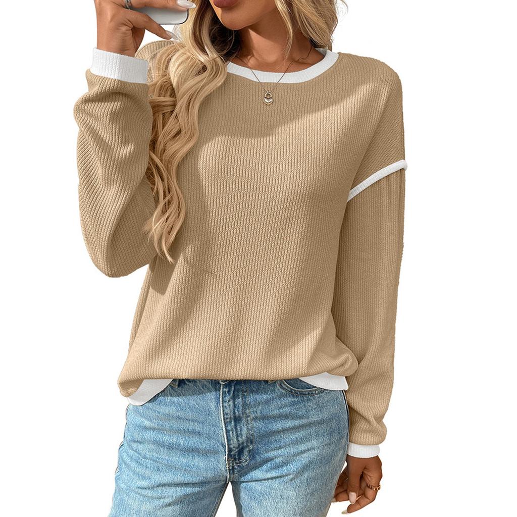 Women's Fashion Round Neck Imitation Sweater Long Sleeve Colour Block Loose Top