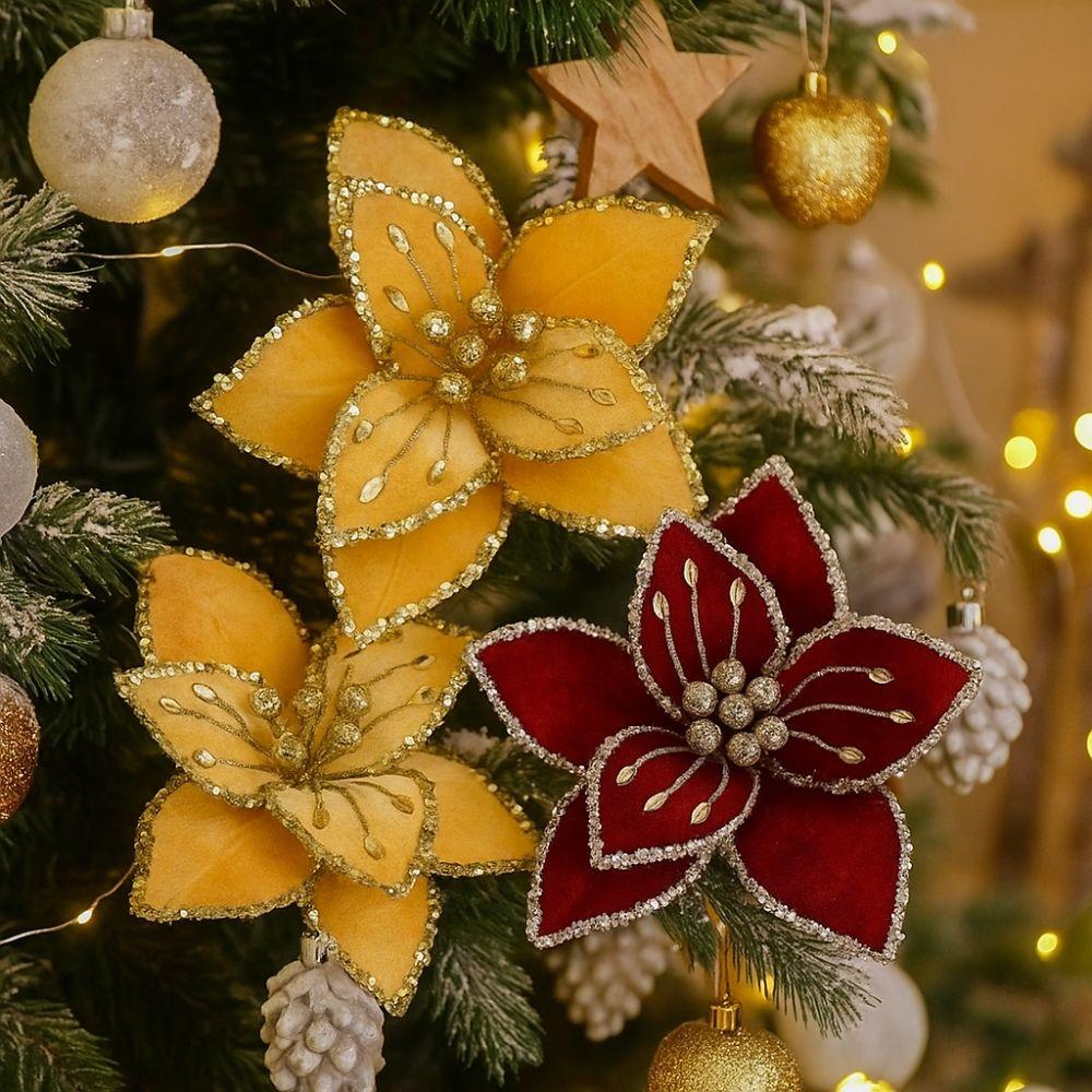 Fake Flower 26cm Christmas Flower Simulation Plastic Poinsettia Flower Glitter Colorful Artificial Flower Xmas Ornaments