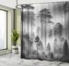 Black and White Shower Curtain Misty Tall Trees Woodland Natural Landscape Fabric Bathroom Decoration Shower Curtain with Hook