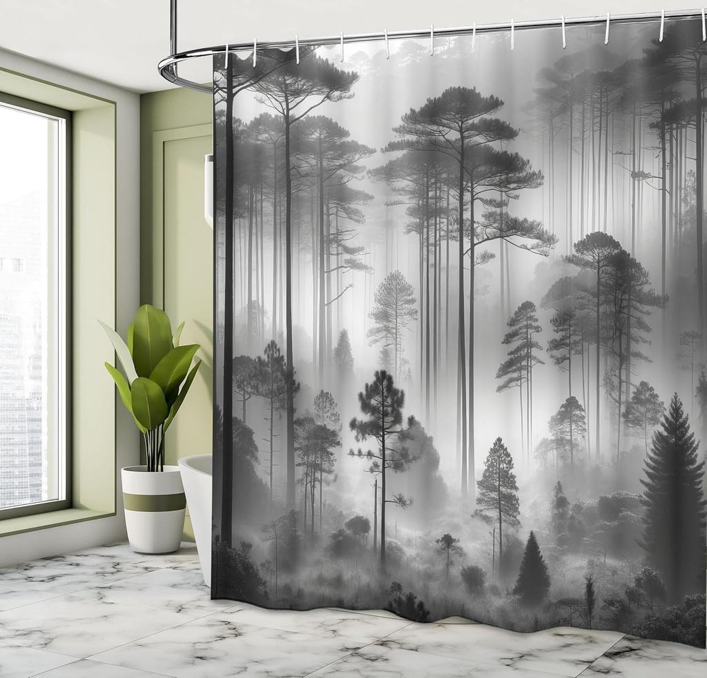 black and white shower curtain misty tall trees woodland natural landscape fabric bathroom decoration shower curtain with hook