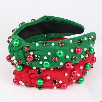 Wide Edge Christmas Hairband Fashion Hair Jewelry Rhinestone Knot Headband Imitation Pearl Red Green Crystal Beads Hair Band