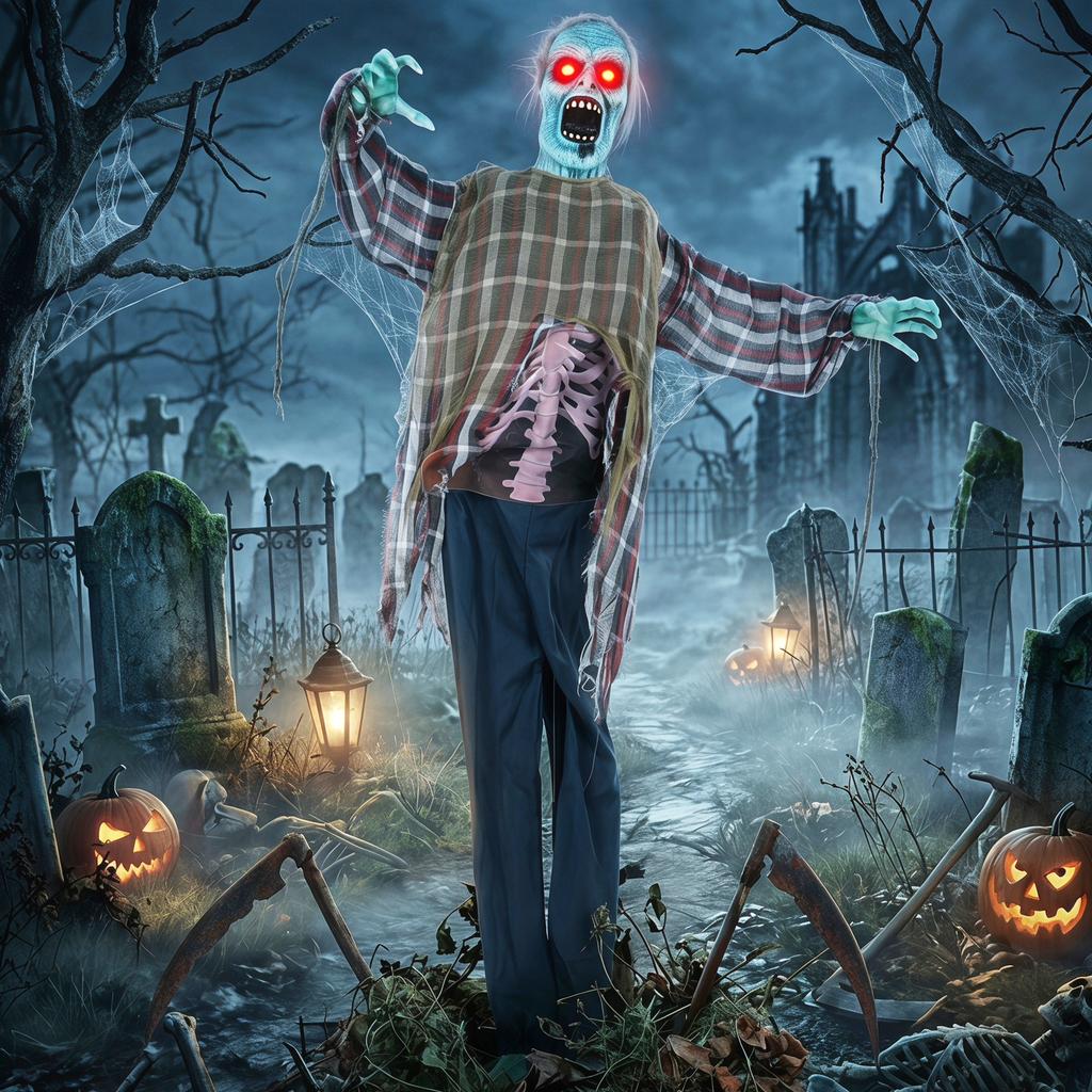 Animated Halloween Zombie Life-Size, 170 cm, with Sound and Touch Activation, Spooky Decoration