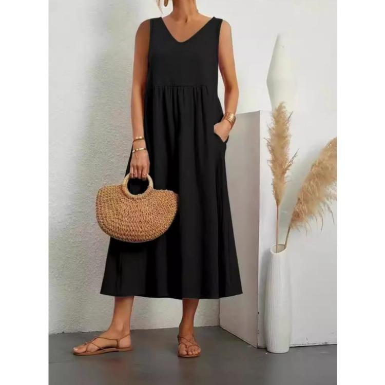 

Летнее женское свободное хлопково-льняное платье макси с V-образным вырезом, без рукавов, однотонное, удобное, дышащее, модное длинное платье 5XL чёрный