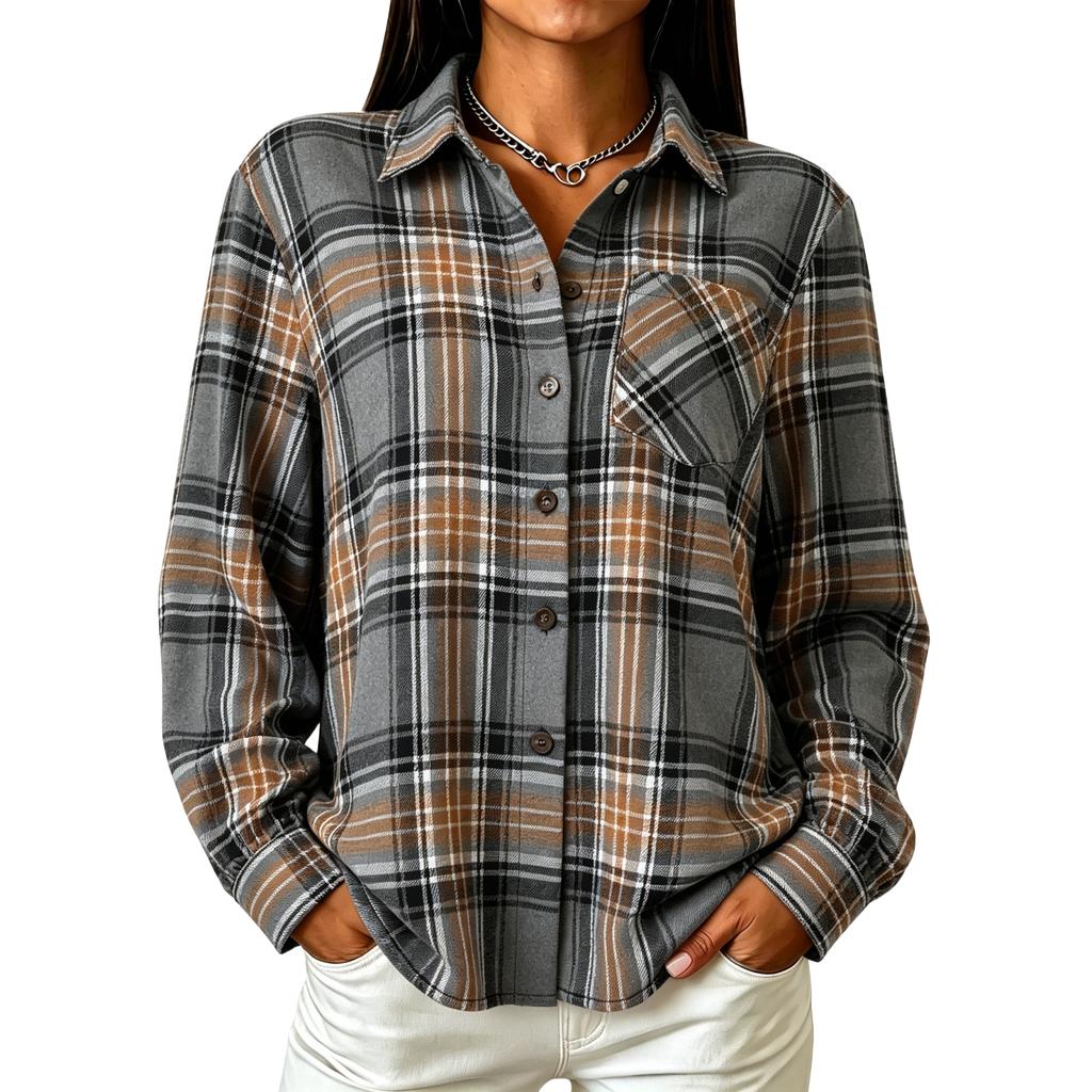 Camisa de cuadros casual de manga larga holgada para mujer, top de otoño/invierno con bolsillos