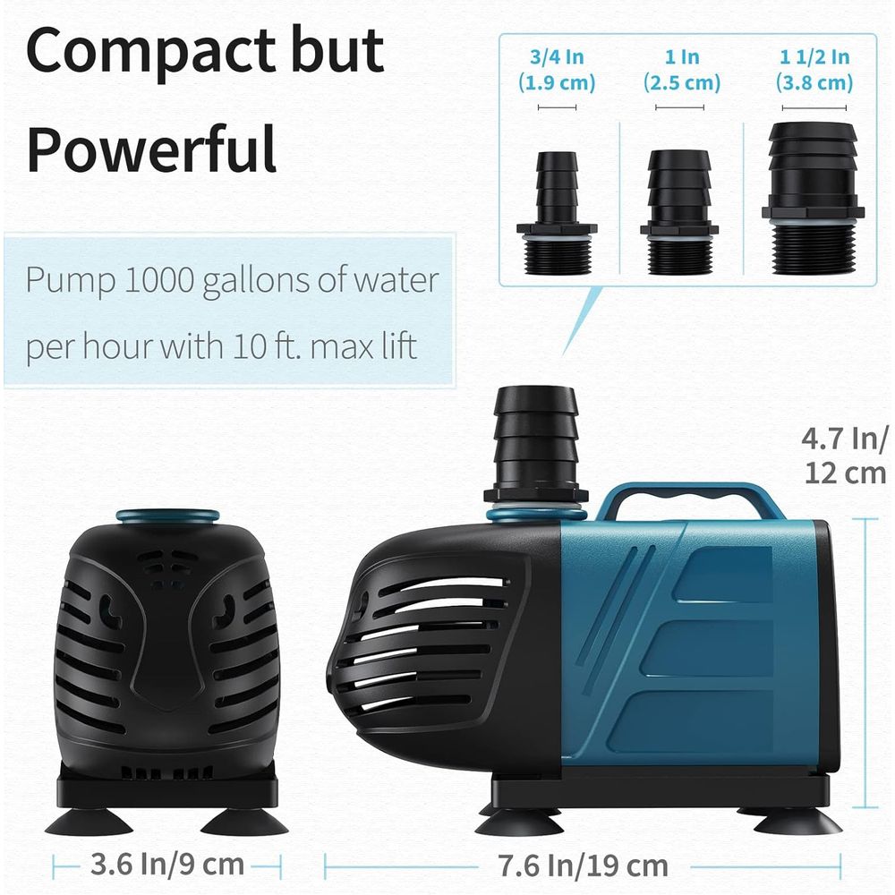 1000 GPH Submersible Inline Water Pump, 80W, 10ft Power Cord, Quiet Operation for Large Aquariums, Ponds, and Water Features