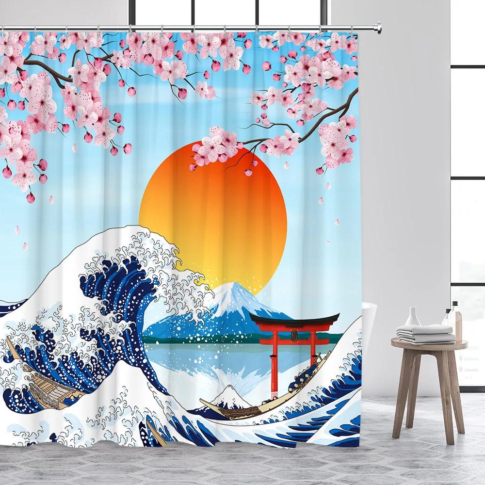 Japanese Style Shower Curtain Octopus Koi Fish Sea Waves Cherry Blossom Abstract Mountain Ink Art Curtains Fabric Bathroom Decor