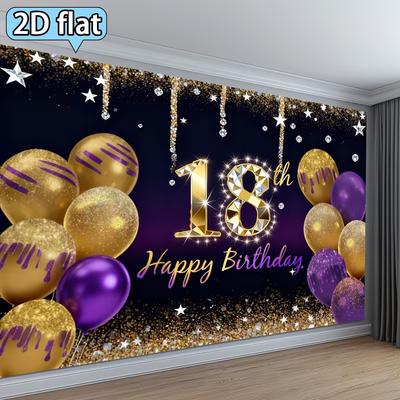 2D 18th Birthday Black Gold Glitter Wall Hanging Background Banner