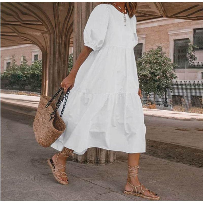 Plus Size Chubby Girl Fashion Style Summer Fashion Round Neck Pure Color Loose Short Sleeve Dress Beach Dress for Women S-5XL