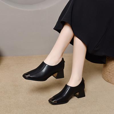 Square Head Deep Mouth Single Shoes Women's 2025 Spring New Iron Bag Head High Heels European and American Style After Zipper Thick Heel Fashion Shoes