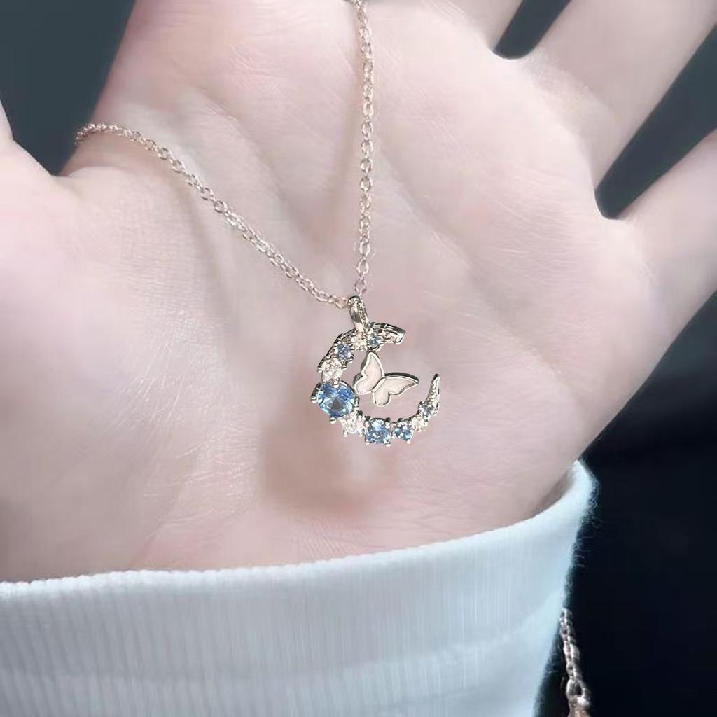 Moon and Butterfly Necklace Vintage Celestial Necklace Romantic Jewelry for Girlfriend Wife Daughter