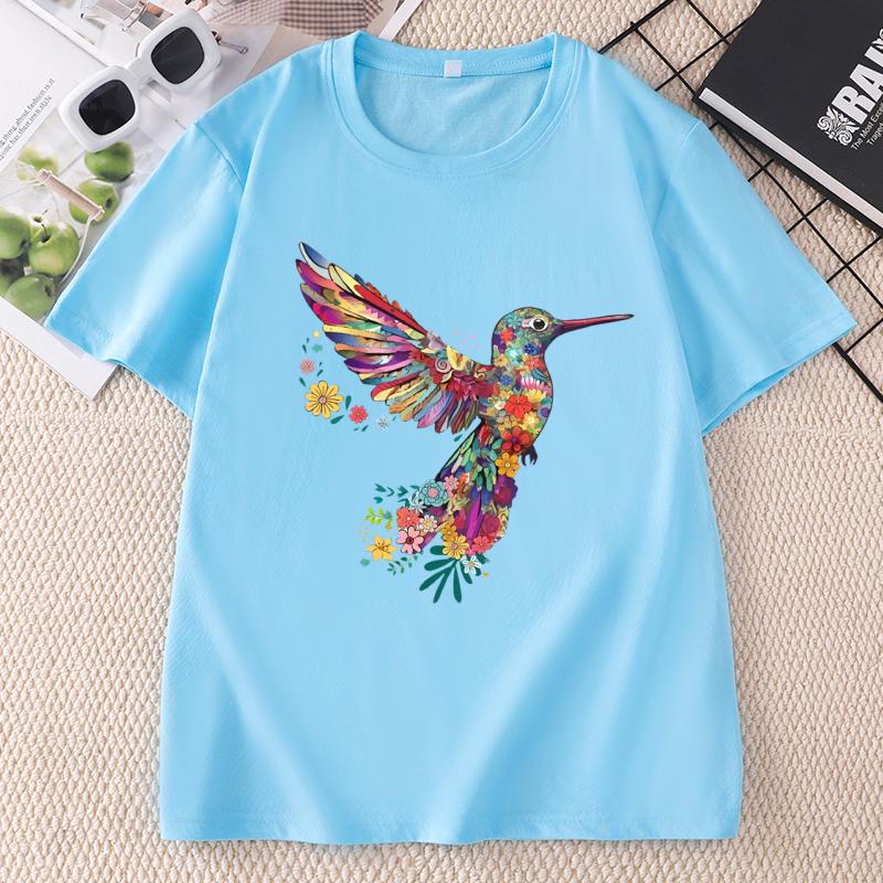 Floral Hummingbird TShirt Animal Lover Tee Bird T Shirts Trendy Short Sleeve T Shirts Unisex Ladies Summer Cotton Tshirts
