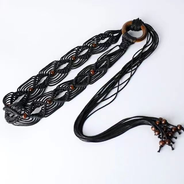 Boho Style Wax Rope Weaving Knotted Ethnic Style Handmade Wooden Beads Women's Belt Leisure Vacation Style Exquisite Waist Rope