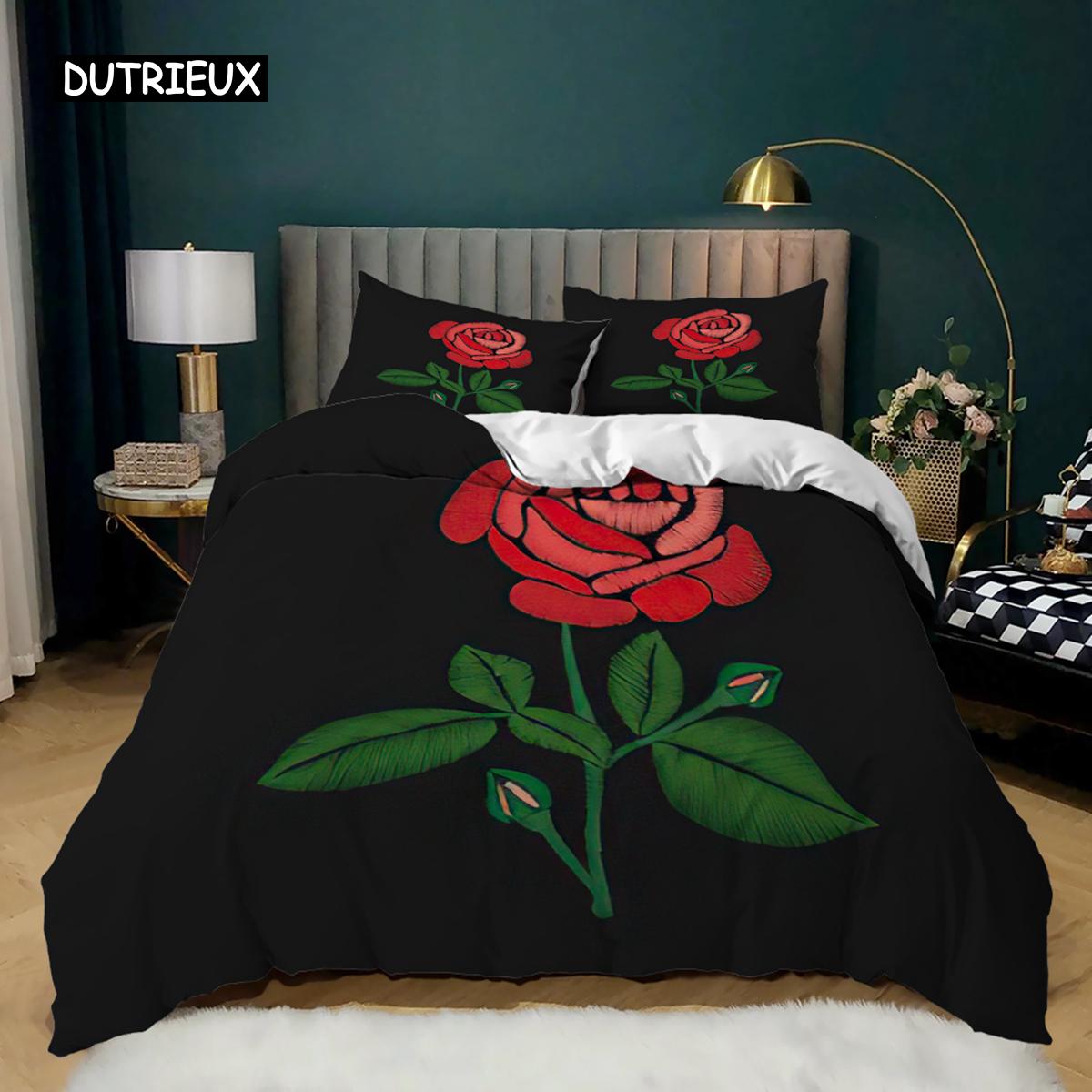 

Red Rose Bedspread Cover Kit Gentle Luxury 3D Design Rose Flower Single Size Bed Ensemble 2/3Pcs Love-themed Polyester Fabric Quilt Cover with Zipper EU single(135x200cm)