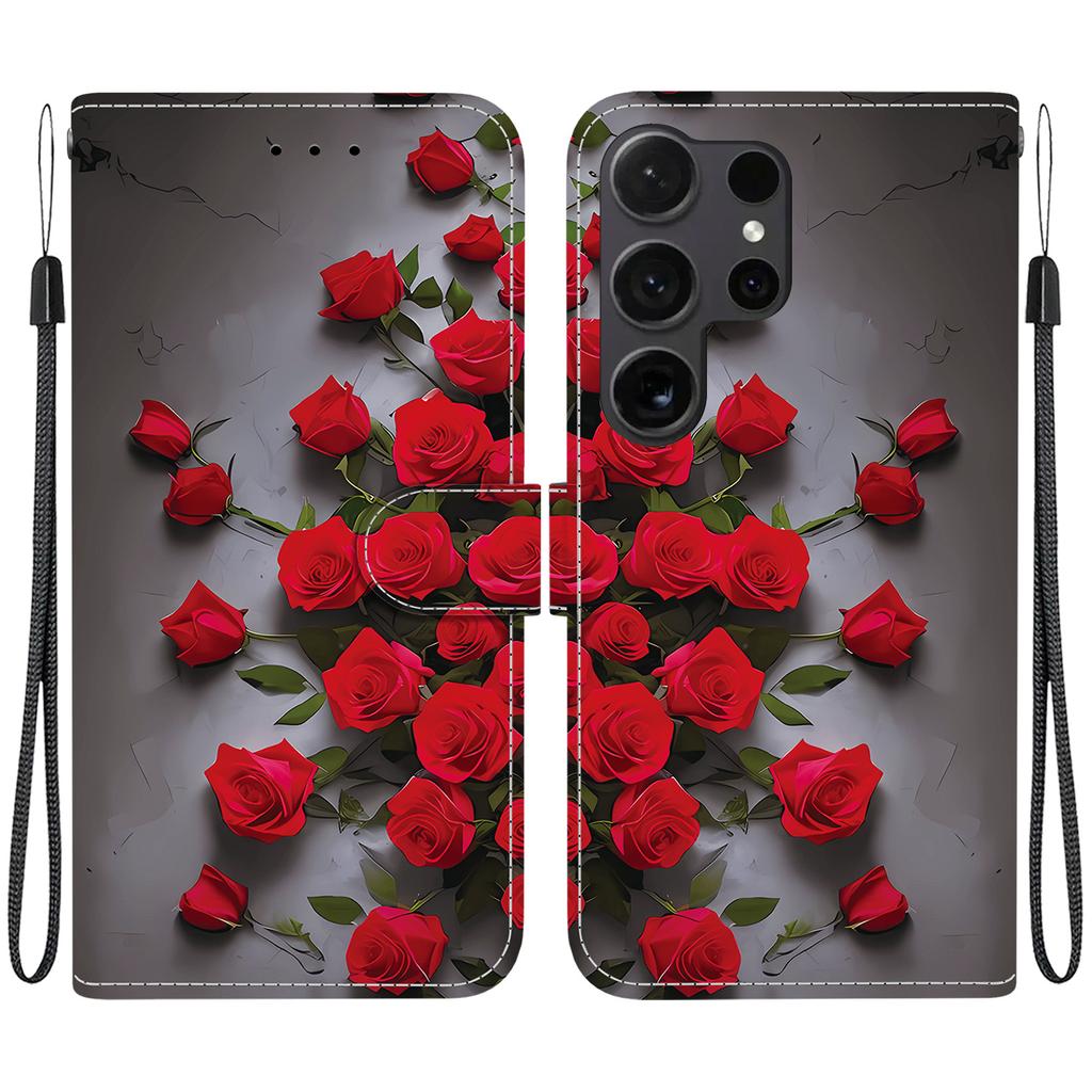 Handmade PU Leather Flip Case for Samsung Galaxy S22 Ultra (SM-S908B) Anti-Slip Shockproof Cover with Wrist Strap & Heart/Rose Cat Designs