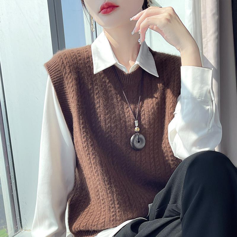 Dámská zesílená vlněná pletená vesta s copánkovým vzorem - Bez rukávů, pulovr s kulatým výstřihem na podzim/zimu