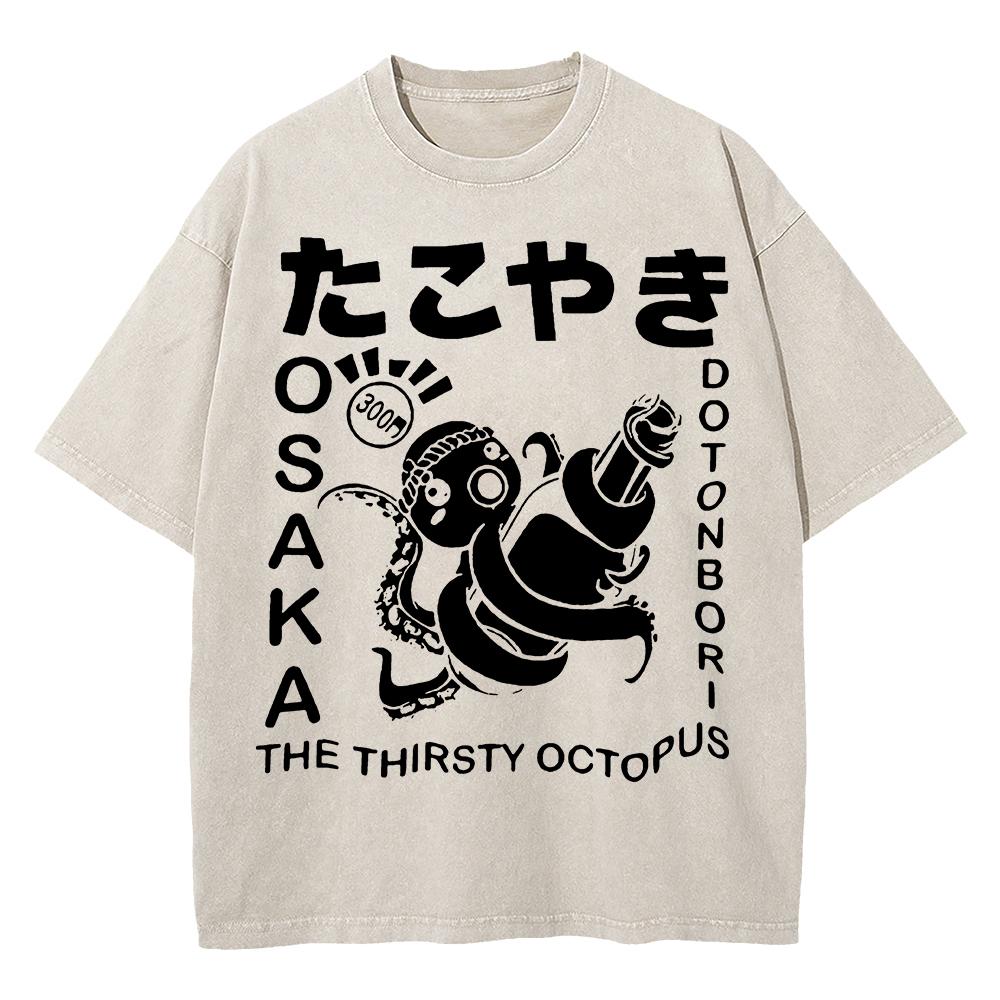 Cotton Vintage Washed Osaka Dotonbori Drunken Octopus T Shirt Hot Fashion Men Takoyaki Oversize Loose Acid Wash Tees Shirts
