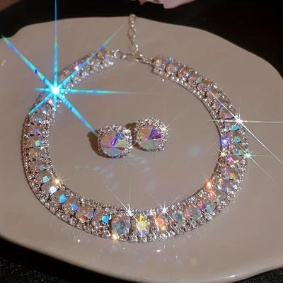 2-teiliges farbenfrohes Strassschmuck-Set, Elegantes Halsketten- & Ohrring-Set für Party-Abendkleid Geschenk