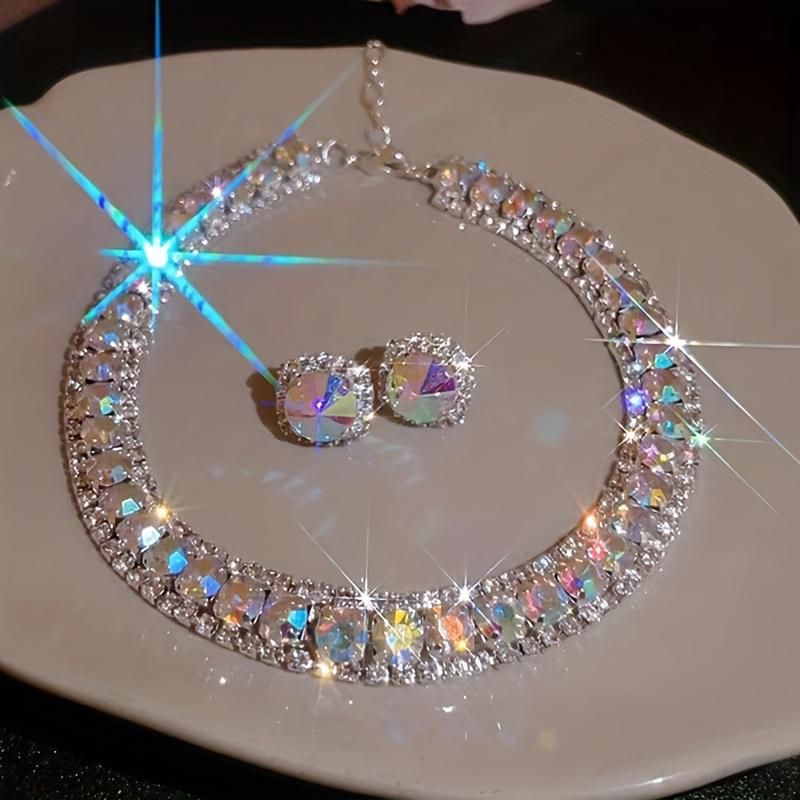 2Pcs colorful rhinestone jewelry set, Elegant necklace & earrings suit for party evening dress gift