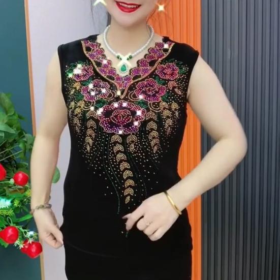 Women Summer Tops V-Neck Sleeveless Loose Fit Tank Tops Hot Drill Flower Printed Tops