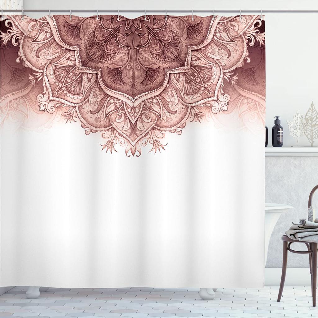 Moroccan Shower Curtain,Floral Art Vintage Style Eastern Architectural Elements Oriental Pattern,Cloth Fabric Bathroom Decor Set