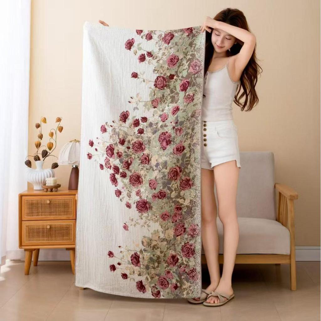 Ethnic Style Oversized Pure Cotton Jacquard Bath Towel with Tassels - Thickened Multi-layer Gauze.
