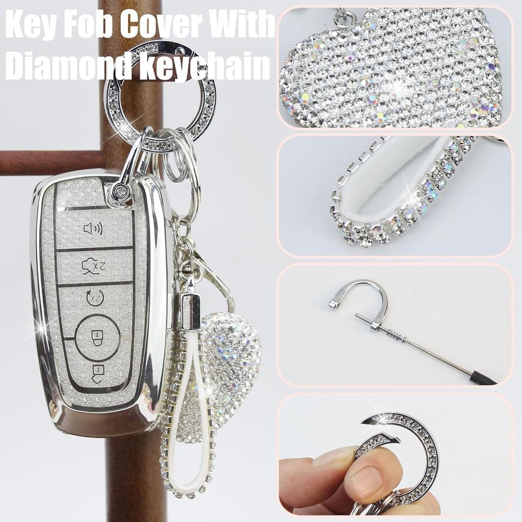 Key Fob Cover with Diamond Keychain for Women, Car Key Holder Compatible with Ford Explorer Fusion Edge Expedition F150 F250 F350 F450 F550 Maverick