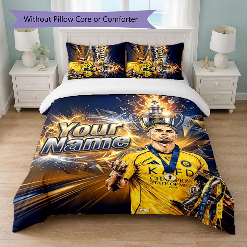 Set Biancheria da Letto Personalizzato Cristiano Ronaldo con Nome Testo 1 Copripiumino+2 Federe Logo Calcio Regalo Personalizzato per Occasione Speciale Arredamento Camera da Letto