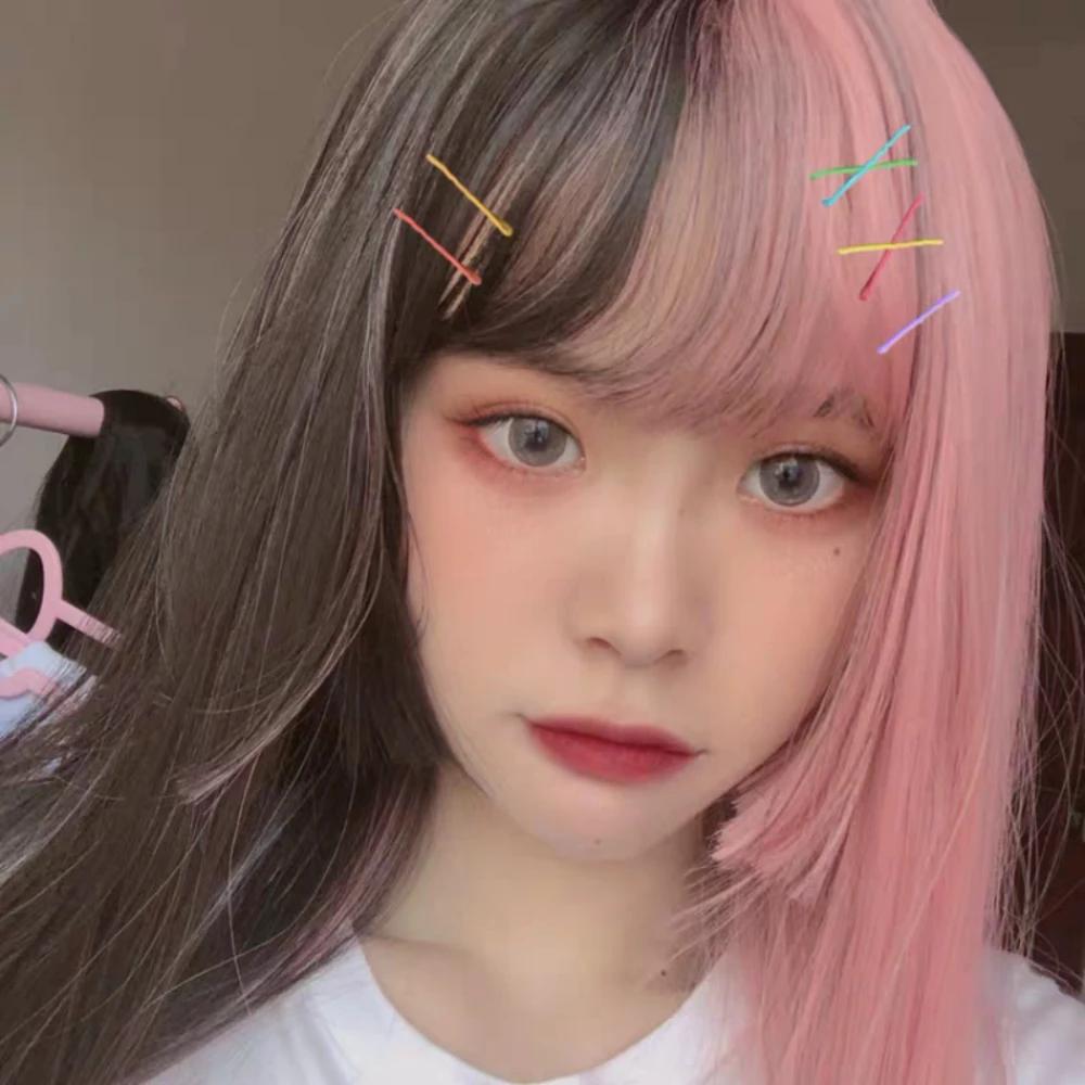 Long Straight Cosplay Synthetic Wig Women Costume Party Black pink Ombre Heat Resistant Synthetic Hair WigsPrincess cuts bangs