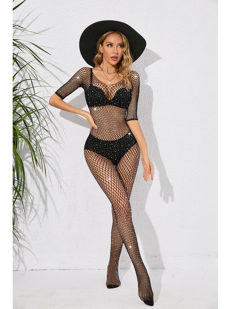 Stylish Black Fishnet Lingerie: Sexy See-Through Bodysuit with Tempting Hollow Design