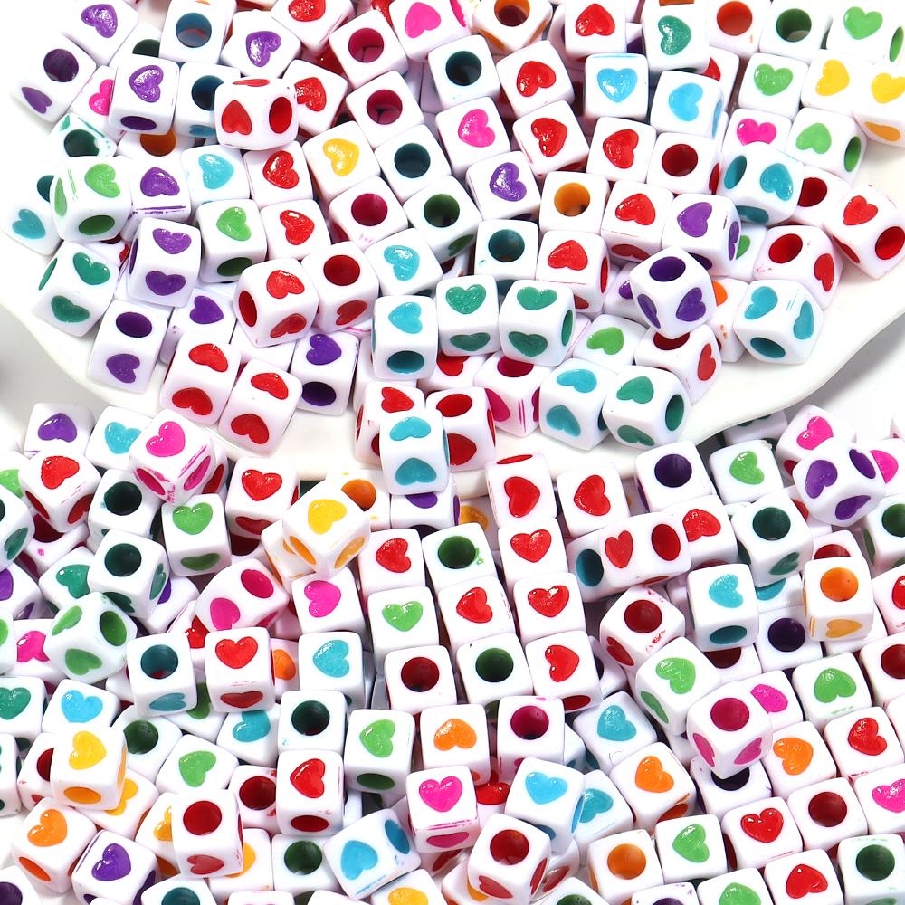 100Pcs 6mm Acrylic Drop Oil Beads Colorful Heart Pattern Square Loose Beads For DIY Bracelets Phone Chains Jewelry Supplies