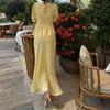 Completi estivi da donna a 2 pezzi con gonna, Top con maniche corte a sbuffo e allacciatura frontale, Gonna lunga a vita alta, Abiti casual per spiaggia e vacanze
