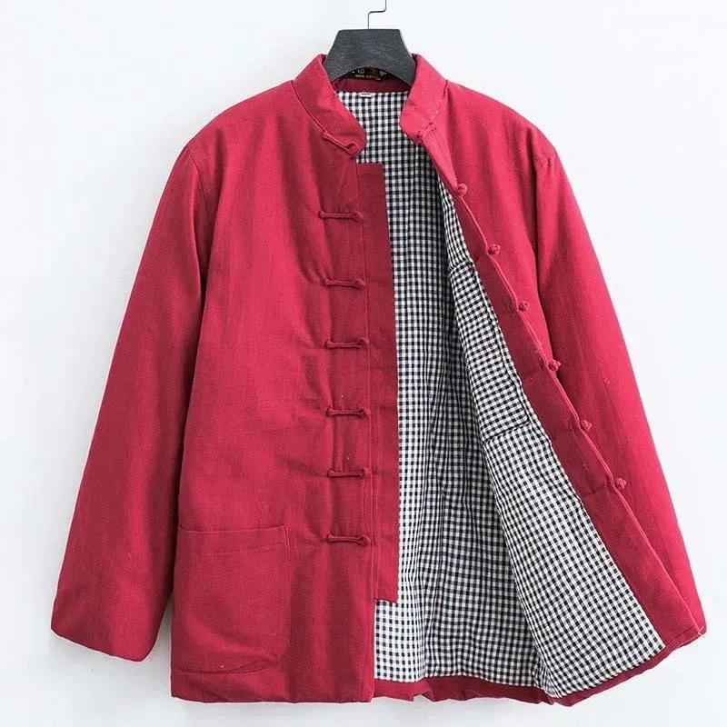 Pánský Vintage Top Pánský Tangový Oblek Zimní Teplá Bavlněná Bunda Stojáček Knoflík Kung Fu Kabát