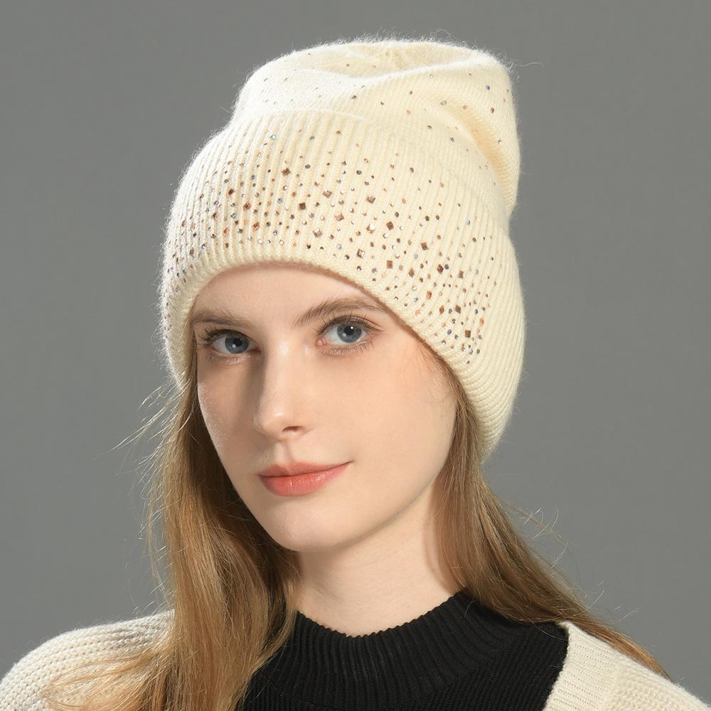 Solid color rabbit velvet double-layer thermal wool hat knitted hat autumn and winter windproof ear protection striped hat