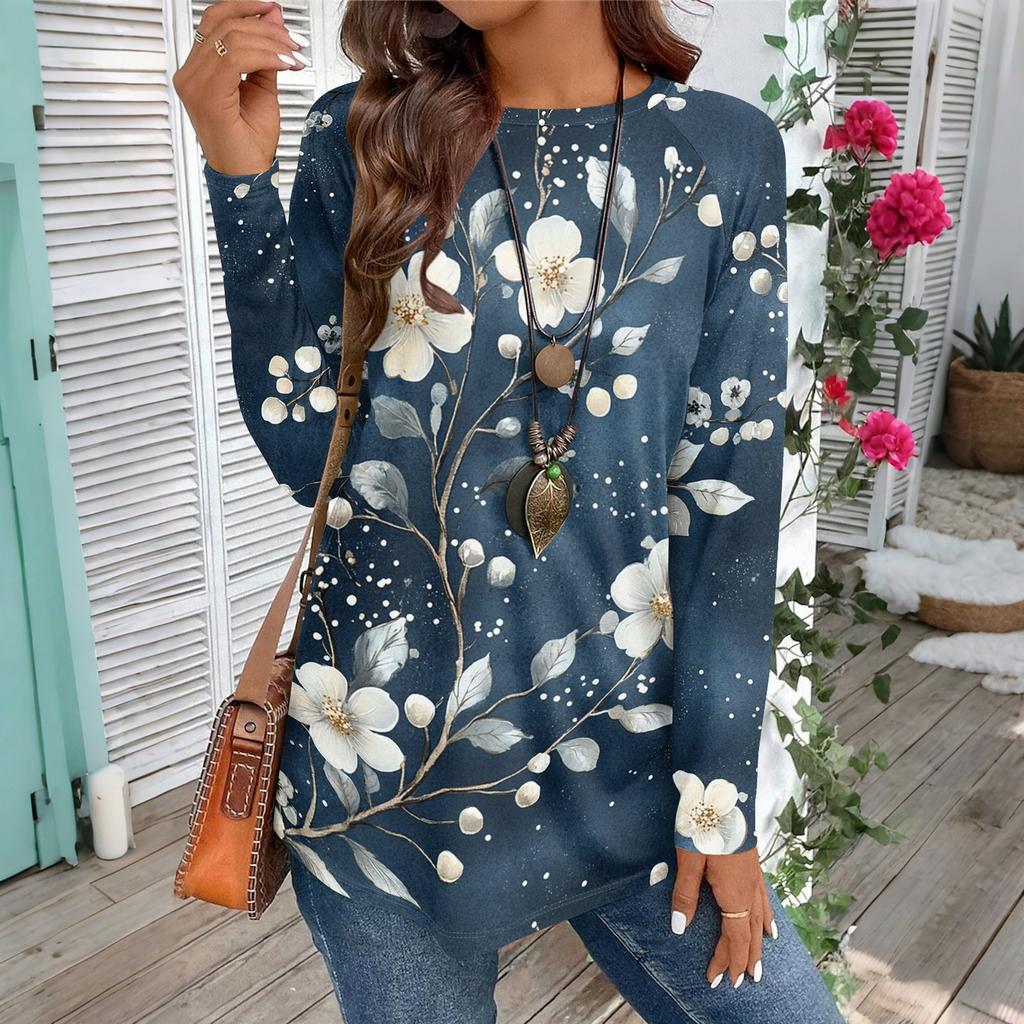 Women's Casual Plus SizeLong Sleeved Round Neck Vintage Ethnic Printing T-shirt Top Pullover