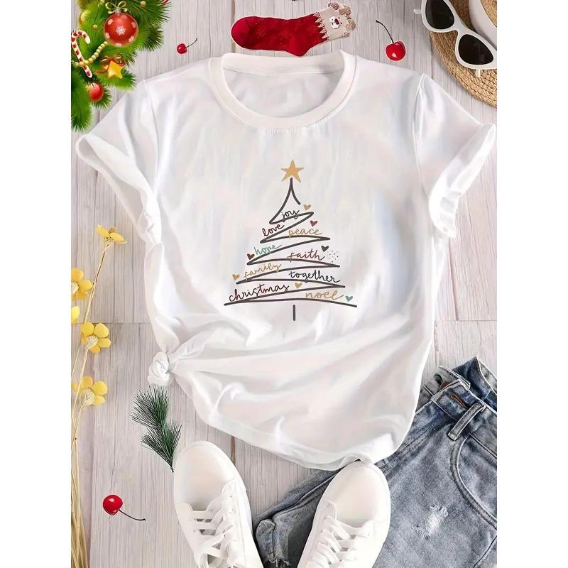 European Size Women'S Christmas Tree Graphic T-Shirt - White Casual Short Sleeve Round Neck Top with Happy Print, Comfortable Casual Attire